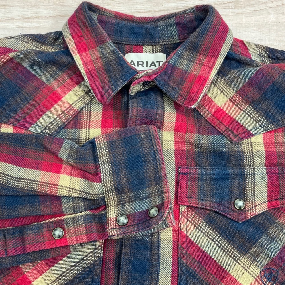 Ariat Retro Fit Plaid Flannel Button Up Shirt Mens Medium Long Sleeve Snap Front